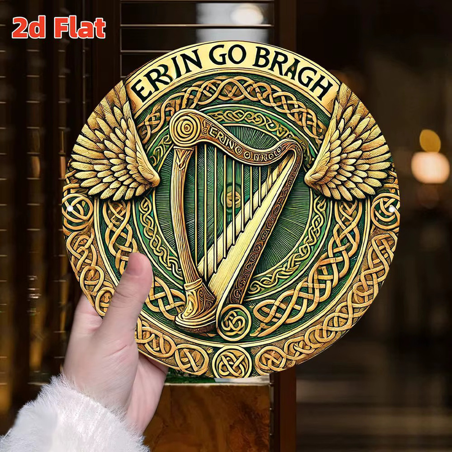Potdemiel Keltische Wanddekoration Erin Go Bragh mit goldener Harfe, runde Aluminium-Metallplakette, Durchmesser: 20 cm - Bild 3