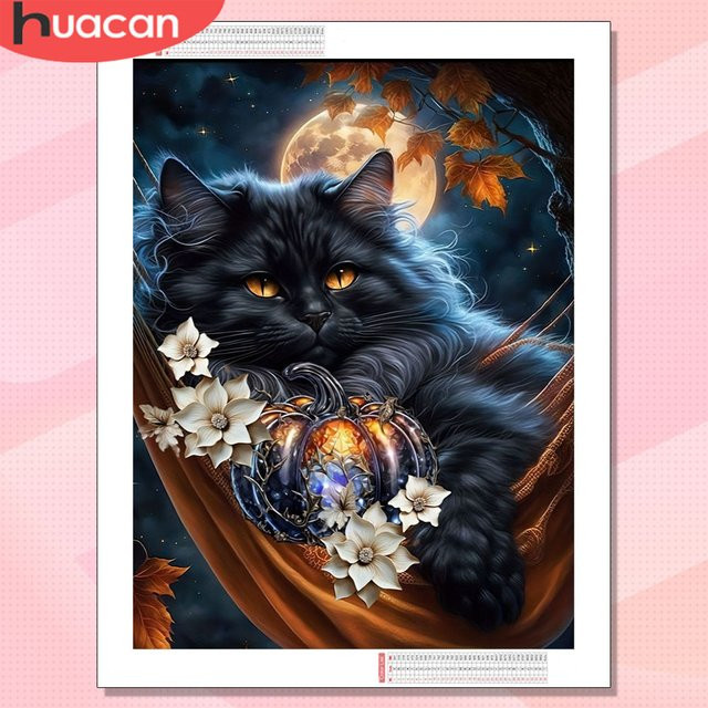 HUACAN Diamant-Mosaik-Kunst Set Katze mit Gänseblümchen in Schwarz und Multicolour, 5D DIY Malerei für die Wanddekoration - Bild 1