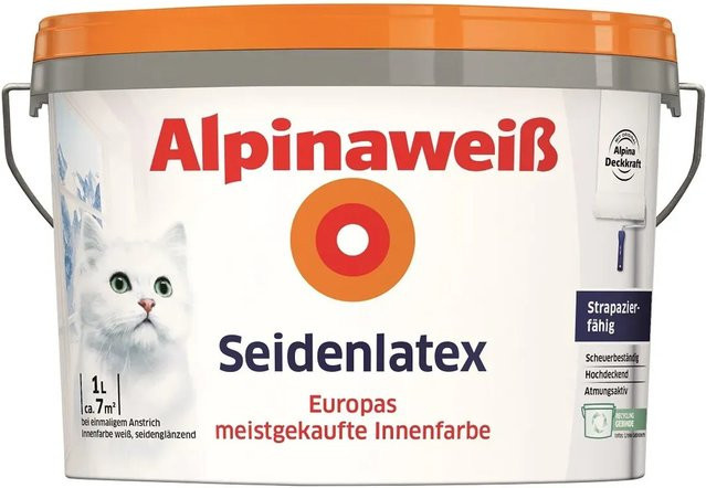 Alpina Seidenlatex Plaster in Alpinaweiß, seidenglänzend, 1 Liter - Bild 1
