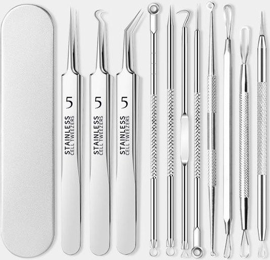 chenxiaogang Mitesserentferner-Set, 11-teilig, Edelstahl, Silber - Bild 1