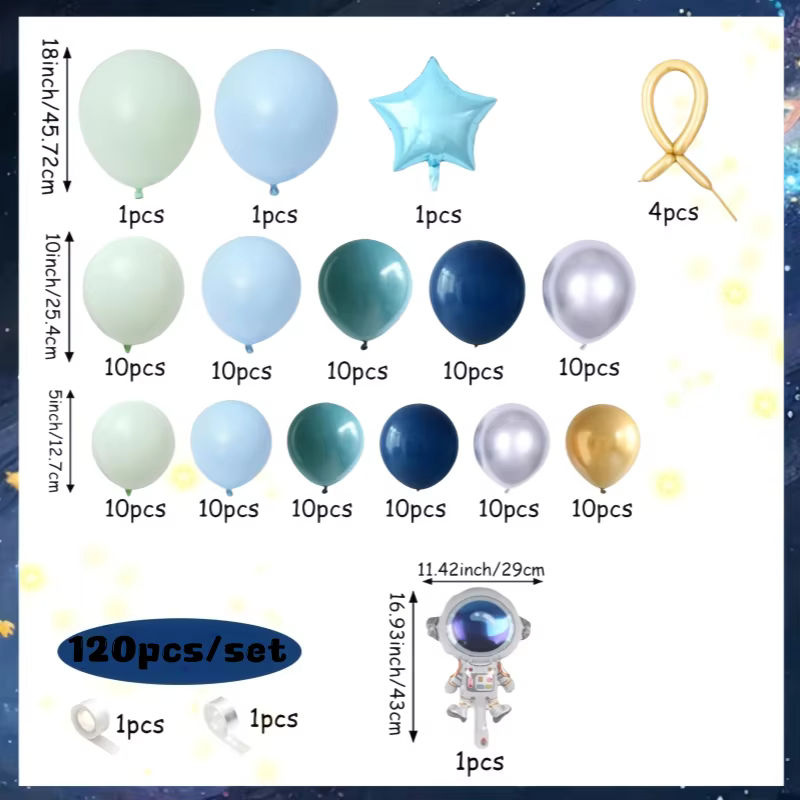 120-teiliges Weltraum-Luftballonbogen-Set mit Astronauten und Sternen in Blau, Grün und Silber für Kindergeburtstage - Bild 2