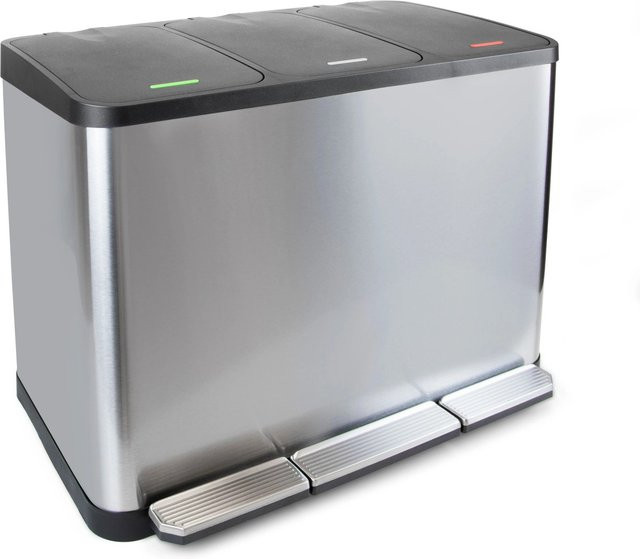 Emuca Outdoor Abfallbehälter mit Tretpedal und Soft-Close, 3 Fächer à 9 Liter, Edelstahl, Silber/Schwarz, B/T/H: 60,0 x 49,0 x 34,5 cm - Bild 1