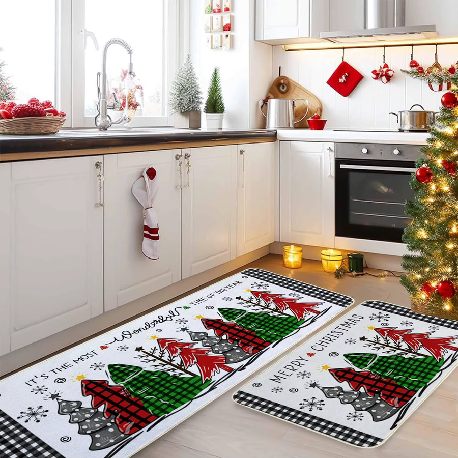 VIKAMA 2-teiliges Set Küchenteppiche mit Schneeflocken-Design in Rot und Schwarz im Buffalo-Karo-Look für deine Weihnachtsdekoration - Bild 3