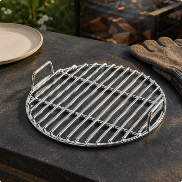 Grillrost aus Edelstahl mit geraden Stäben und Griff, kreisförmig poliert, Durchmesser: 30 cm, Silber - Bild 1