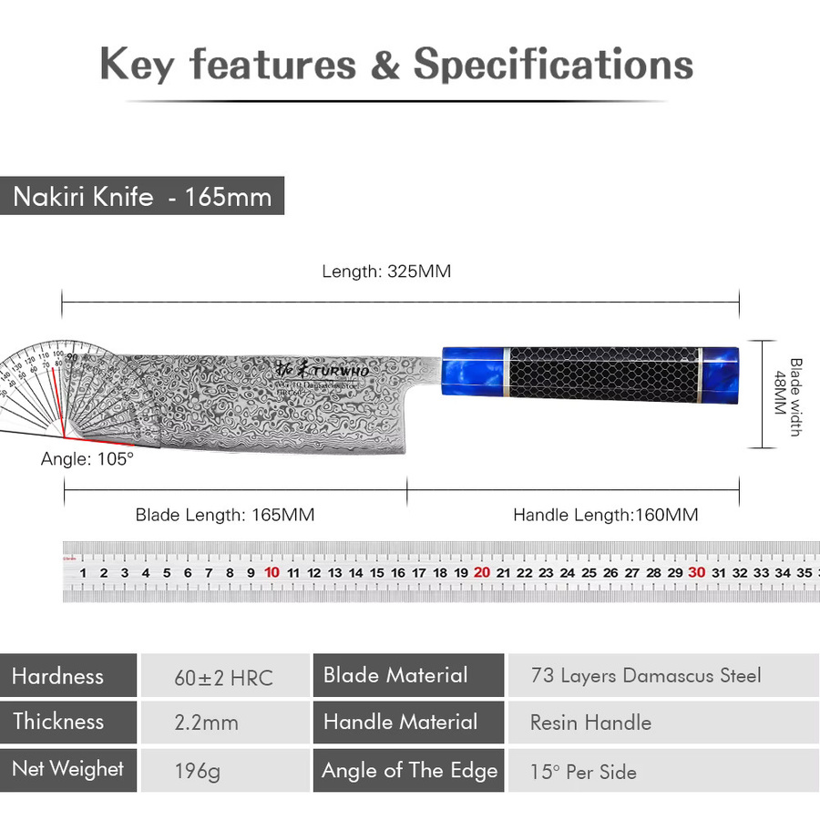 TURWHO Japanisches Nakiri Kochmesser aus Damaszener Stahl mit Harzgriff, 16,5 cm - Bild 6