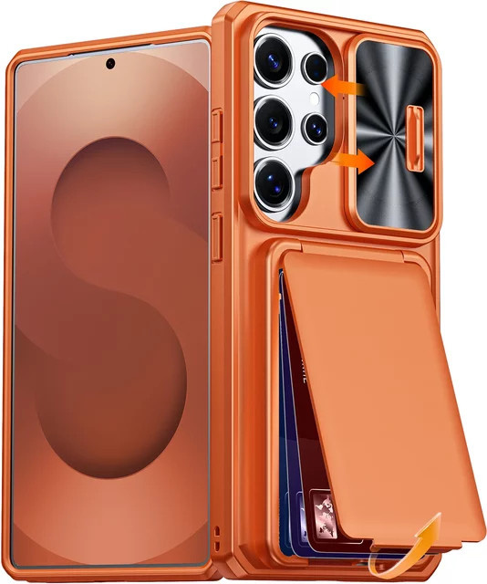 BANGZAO Handyhülle für Samsung Galaxy S25 Ultra mit Ständer, Kartenhalter mit RFID-Schutz und Kameralinsenabdeckung, Orange - Bild 1