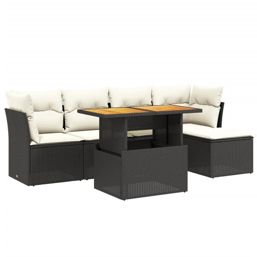 vidaXL 6-teilige Garten-Sofagarnitur in L-Form aus schwarzem Poly-Rattan mit cremeweißen Kissen und Akazienholz - Bild 2