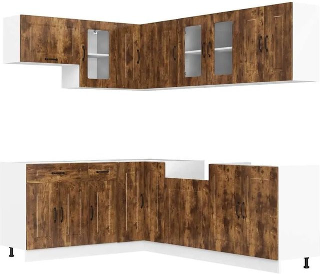 vidaXL Küchenschrank-Set Kalmar aus Holzwerkstoff in Räuchereiche mit Glastüren und Eckschrank-Funktion, Braun - Bild 1