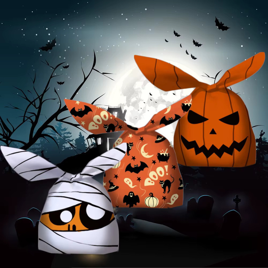 50 Stück Halloween Süßigkeiten Taschen mit Hasenohren und Kürbis Motiv aus Kunststoff für DIY Dessert und Geschenke, Mehrfarbig - Bild 4