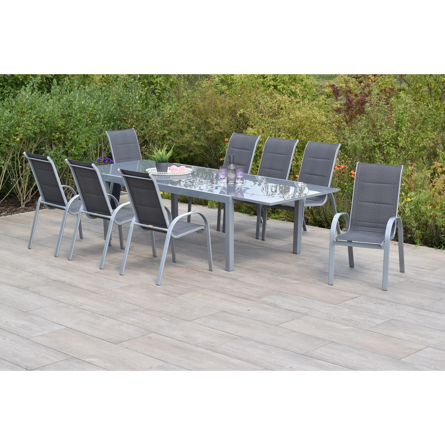Merxx Gartenmöbelset Amalfi di Lusso 9-teilig mit 8 Stapelsesseln und ausziehbarer Gartentischplatte aus Aluminium und Textil in Silber, Anthrazit und Grau, Tisch B: 200 cm, T: 100 cm (ausziehbar auf 300 cm) - Bild 3