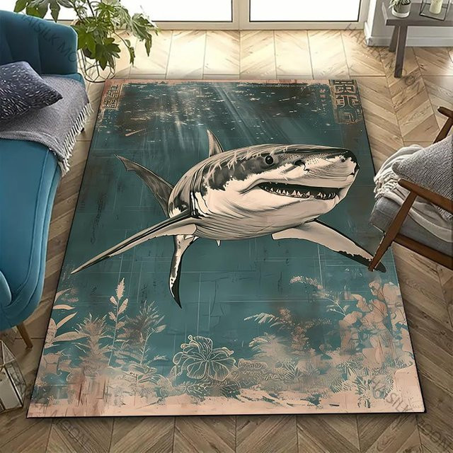Karpetti 3D Hai-Thema Teppich mit nautischem Horror-Design, waschbar und strapazierfähig, B/T: 60 x 40 cm, Mehrfarbig - Bild 1