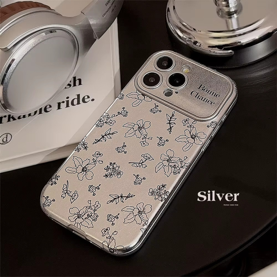MUQGEW Handyhülle mit koreanischem Retro-Blumenmuster und silbernem Rand in Lederstruktur für iPhone 11 bis iPhone 17 Pro Max Plus, stoßfeste Abdeckung, Silber - Bild 2
