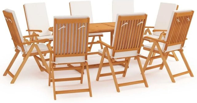 vidaXL 9-teilige Garten-Essgruppe aus Teakholz mit Kissen in Braun und Weiß - Bild 1