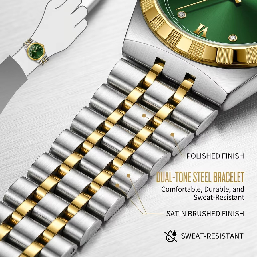 BINBOND Armbanduhr Quarz, Edelstahl, Bicolor, Grün, Herren - Bild 3