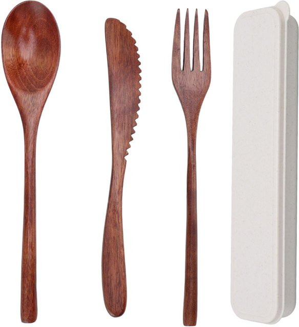 Holzbesteck-Set CosyHome aus Holz in Braun mit Aufbewahrungsbox, bestehend aus Löffel, Gabel und Messer für Dessert und Salate - Bild 1