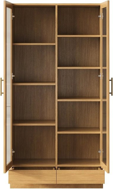 okwish Glasvitrine mit Push-to-Open Schubladen und Fachböden, modernes Bücherregal für Büro und Wohnzimmer, Farbe: Braun, B/T/H: 80 x 40 x 160 cm - Bild 1
