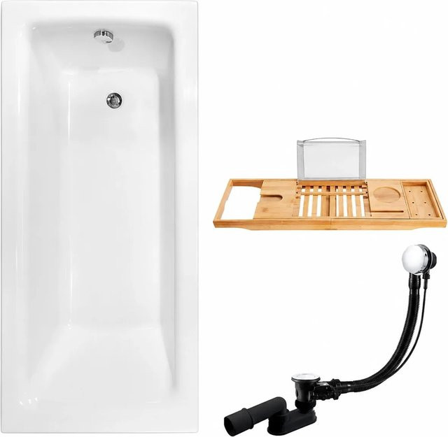 KOLMAN Badewanne Rechteck aus Acryl in Weiß mit Bambus Badewannenablage, Ablauf und Füßen, B/T: 100 x 70 cm - Bild 1