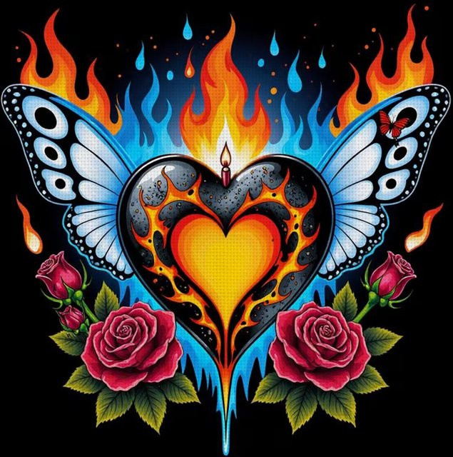 Rose & Flame Herz-Kreuzstich-Set mit floralem Motiv, 11CT-Stickerei in Multicolour, B/H: 36 x 36 cm - Bild 1