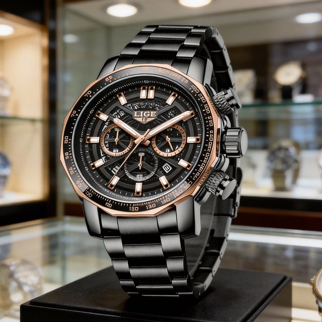 LIGE Armbanduhr Edelstahl, Quarz, Schwarz, Silber, Herren - Bild 1