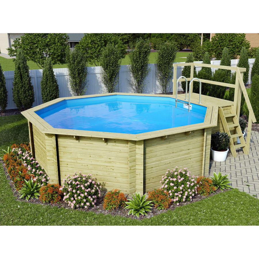 Karibu Achteck Aufstellpool Modell 2 aus Massivholz Fichte in Blau und Grau inklusive Poolfolie, Schutzvlies und Einhängeleiter, B/T: 420 x 420 cm - Bild 2