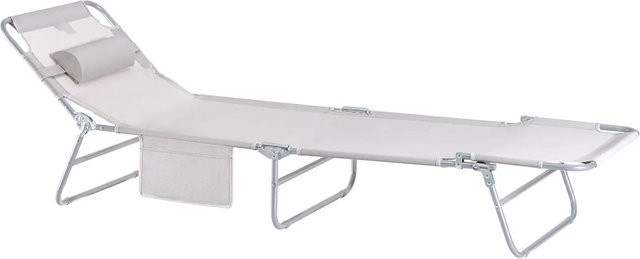 SoBuy Gartenliege OGS35-MI aus Metall mit Textilene-Gewebe und Seitentasche in Beige, klappbar mit verstellbarer Kopfstütze - Bild 1