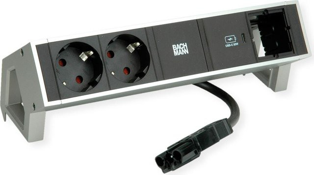 Bachmann DESK2 Steckdosenleiste INOX in Schwarz mit 2x Schutzkontaktsteckdosen, 1x USB-C 30W Charger und 1x leerem Custom Modul inklusive Haltewinkel - Bild 1