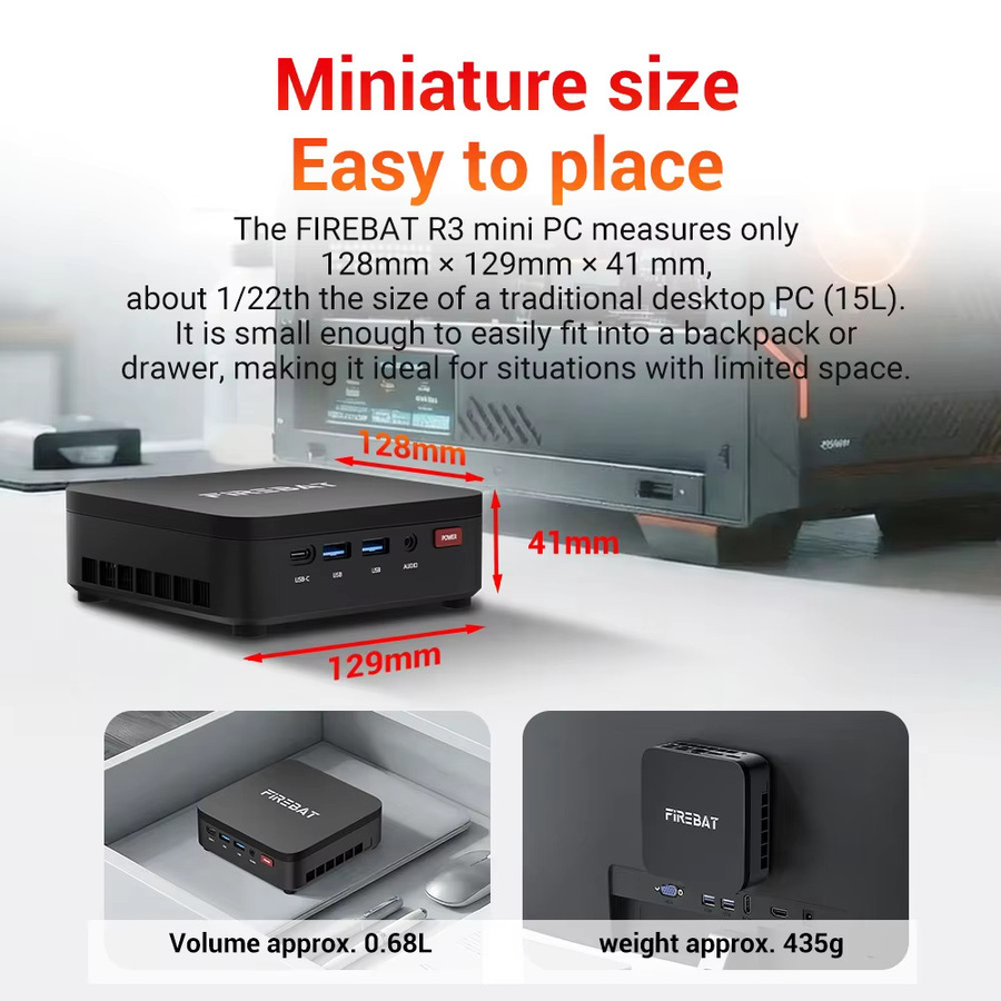 FIREBAT R3 Mini-PC mit AMD Ryzen 5 7430U, 16GB LPDDR4 RAM, 512GB SSD, Windows 11, Schwarz - Bild 3