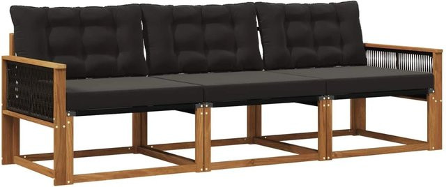 vidaXL Outdoor-Sofagarnitur aus Akazienholz mit Textilene und Kissen, Set bestehend aus 3-Sitzer-Sofa und Lounge-Sesseln, Braun und Schwarz - Bild 1