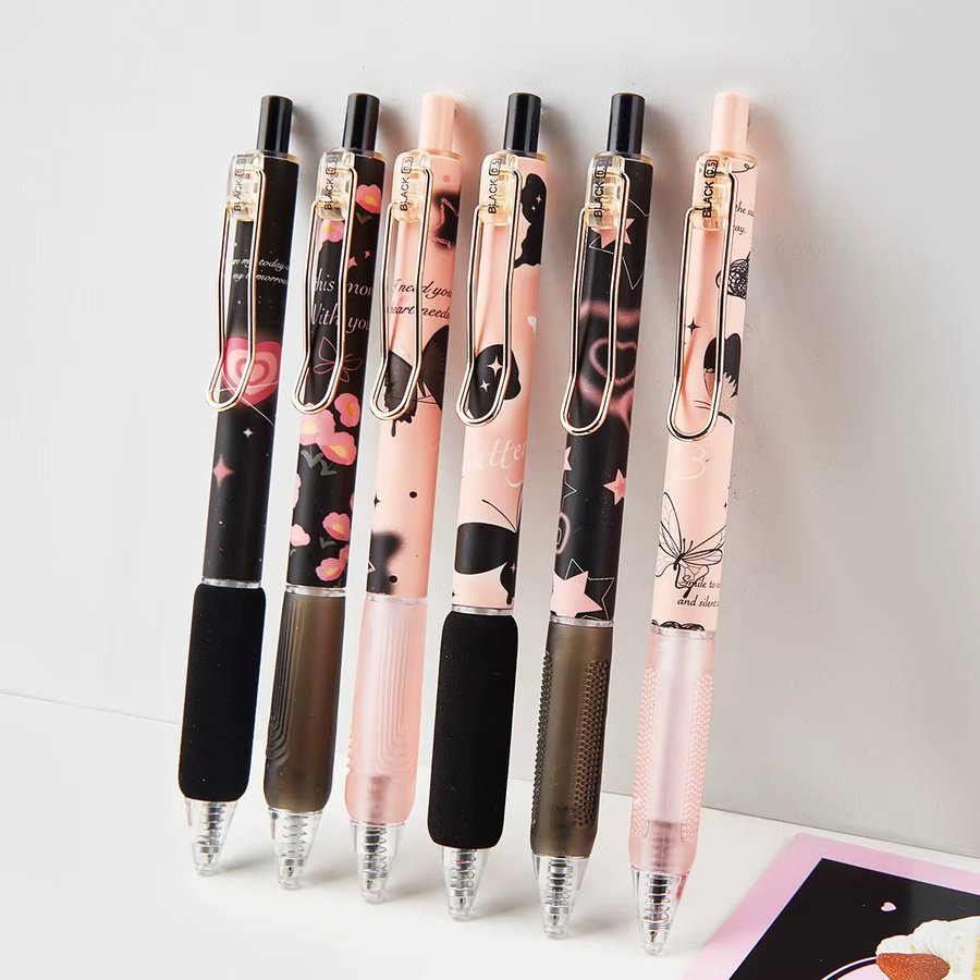 6er Set Einziehbare Gelstifte mit Schmetterling und Rosen-Blumen-Design, 0,5 mm feine Spitze, Schwarze Tinte, Mehrfarbig - Bild 3