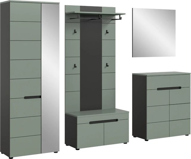 Inn.Furn Garderoben-Set Cooper 5-teilig in Salbei und Grau mit Schuhschrank, Spiegel, Bank und Paneel, Breite: 255 cm - Bild 1