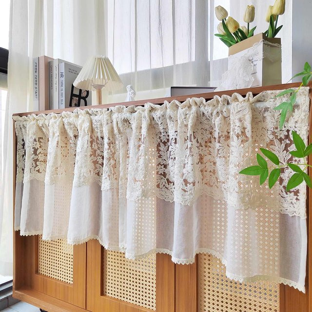 Tiyana Vorhang mit floraler Spitzenstickerei und Blumenmuster in Weiß oder Beige, transparenter Volant im Vintage-Stil, Breite: 100 cm, Höhe: 100 cm - Bild 1