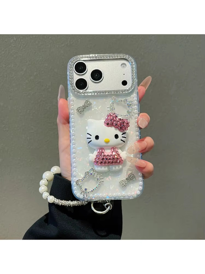 Sanrio Hello Kitty Handyhülle mit 3D Cartoon Design, Bling Glitzer und Perlen, stoßfeste Hartschale für Apple iPhone 17 16 15 14 13 12 11 Pro Max - Bild 2