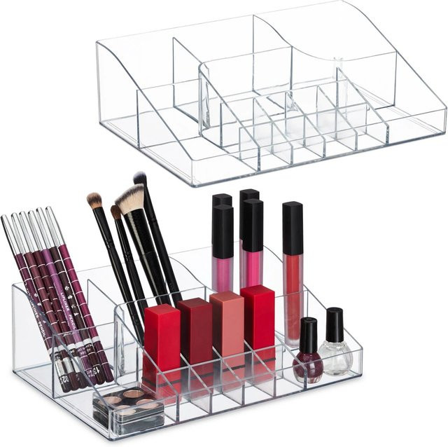 Relaxdays Make Up Organizer aus Kunststoff, transparent, 2er Set mit 14 Fächern, B/T/H: 25,5 x 17,5 x 8 cm - Bild 1