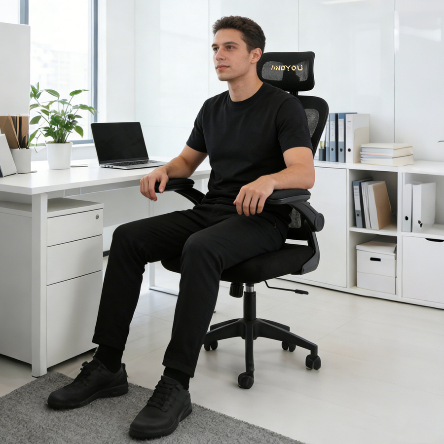 ANDYOU Ergonomischer Bürostuhl mit Kunstfell und Mesh in Schwarz mit Kopfstütze und Schwenkfunktion - Bild 2