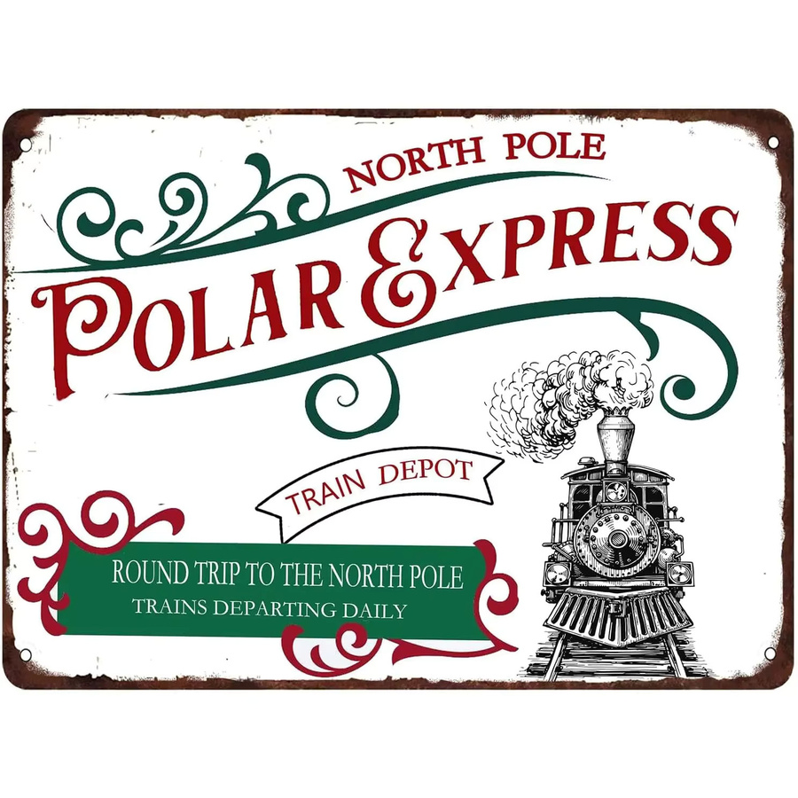 Potdemiel Metallschild Polar Express Train Depot North Pole Vintage Retro Weihnachts-Wanddekoration - Bild 2
