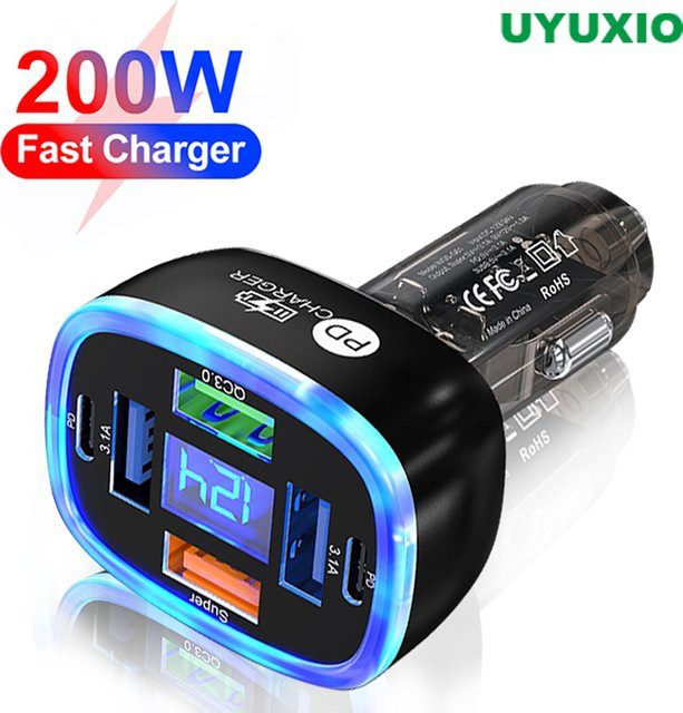 UYUXIO 6-in-1 USB-C Autotelefon-Ladegerät mit Spannungsanzeige in Schwarz für Samsung, iPhone 16 15 Pro Max und OnePlus - Bild 1