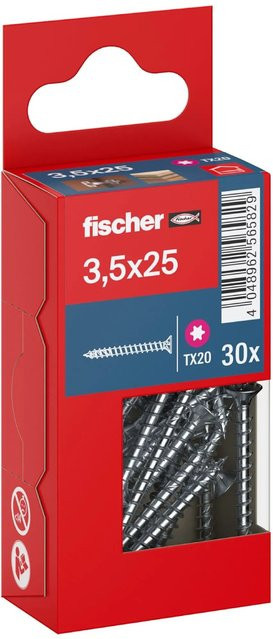 Fischer PowerFast II Senkkopf Schraube mit Vollgewinde und Torx-Antrieb, Durchmesser: 3,5 mm, Länge: 25 mm, 30 Stück, verzinkter Stahl in Silber und Blau - Bild 1