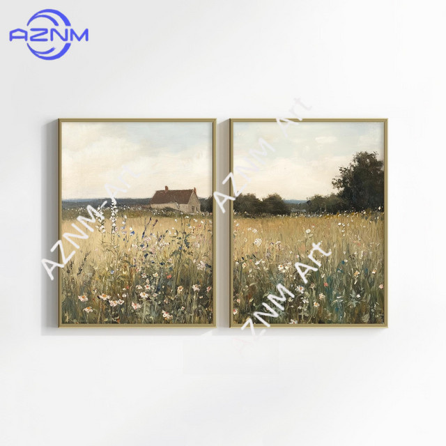 AZNM 2-teiliges Wildblumenfeld-Set mit Landschaftsmalerei in Multicolour, Vintage Wandkunst im Bauernhaus-Stil - Bild 1