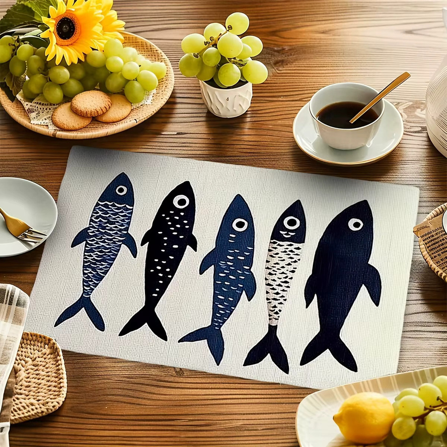 VIKAMA Tischset Set Nordic Coastal Fish Pattern in Blau, maschinenwaschbar - Bild 2