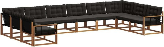 vidaXL Outdoor-Sofagarnitur 10-teilig aus massivem Akazienholz mit Textilene und Kissen in Natur und Schwarz - Bild 1