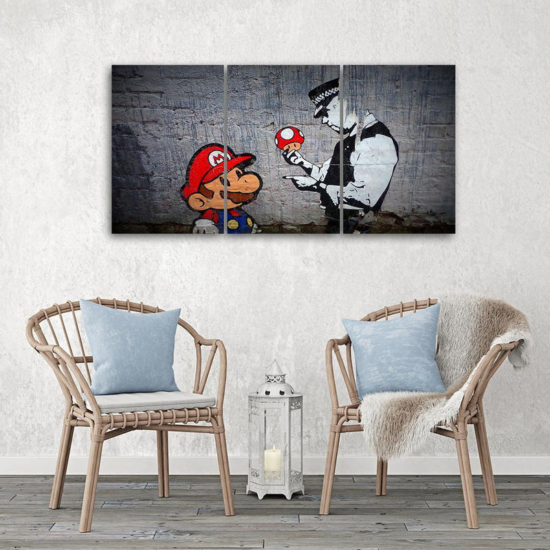 Feeby Leinwand Wandbild Banksy Mario Graffiti in drei Teilen, mehrfarbig, B: 60 cm, H: 40 cm - Bild 1