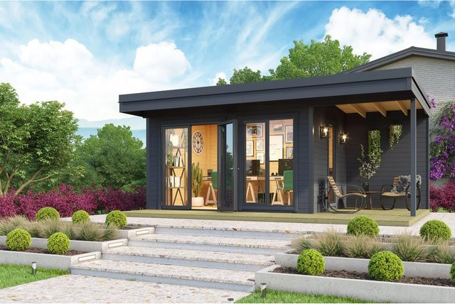 Lasita Holz-Gartenhaus Domeo 7 Log Cabin mit Flachdach in Carbongrau Anthrazit, B/T: 400 x 300 cm - Bild 1