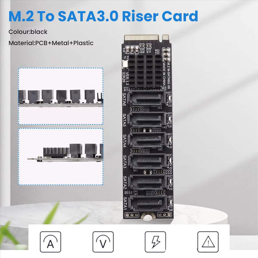 A23G1205 M.2 MKEY PCI-E Riser-Karte ASM1166 M.2 NVMe zu SATA 3.0 Erweiterungskarte mit 6 Ports in Schwarz - Bild 4