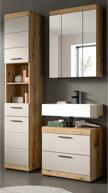 Inn.Furn Badmöbel Set Shawn in Sand und Eiche, 3-teilig bestehend aus Spiegelschrank, Waschbeckenunterschrank und Hochschrank, modernes Design - Bild 1
