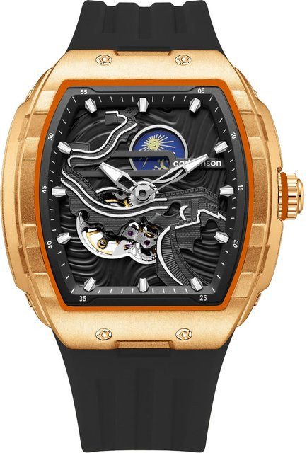 YIRAN Jewelry Automatik-Armbanduhr, Skelett, Tonneau, Edelstahl, Gold, Silikon, Herren - Bild 1