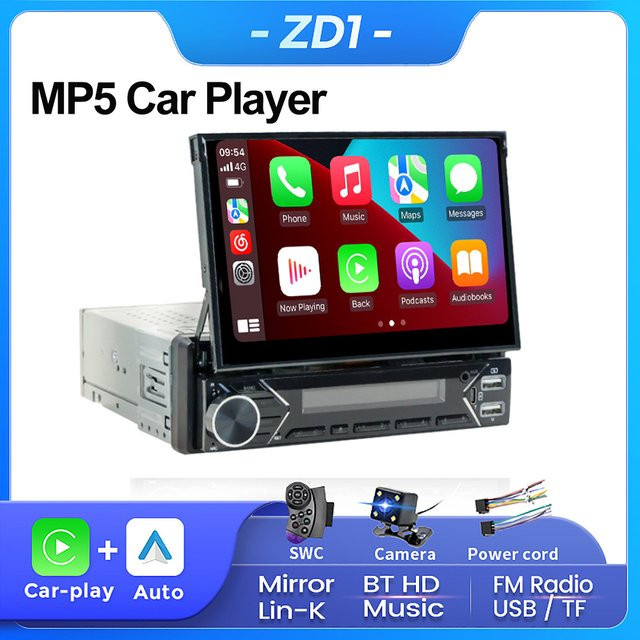 MEKEDE 1 DIN 7 Zoll Einziehbarer Bildschirm MP5-Player Autoradio mit Android Auto, CarPlay und GPS-Navigationssystem in Schwarz - Bild 1
