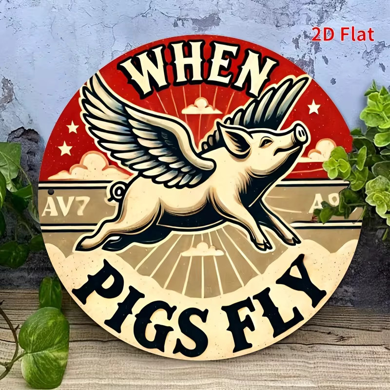 Vintage Flying Pig Metallwandkunst Potdemiel rundes Eisenschild mit When Pigs Fly Design Durchmesser: 20,32 cm - Bild 5