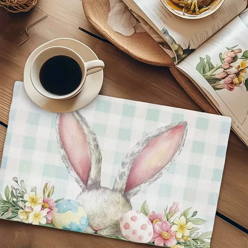 VIKAMA Oster-Tischset 4-teilig aus Leinen mit Hasen, Eiern und Blumenmuster in Mehrfarbig - Bild 3