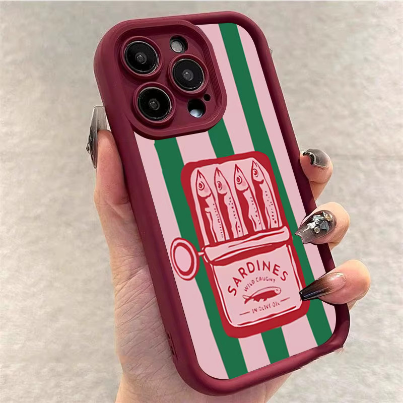 Retro Handyhülle mit lustigem Sardinen-Dosen-Design und Streifen in Rot und Multicolour für iPhone Modelle - Bild 2