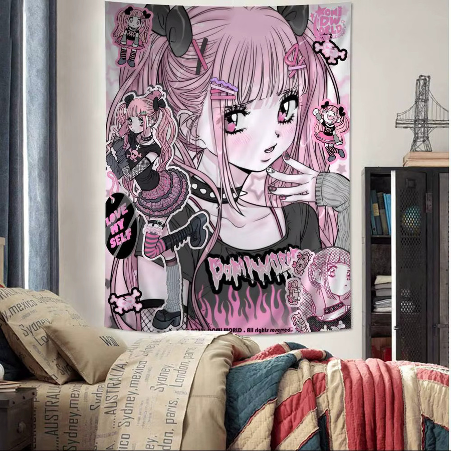 Potdemiel Wandbehang Anime Jirai Kei Cartoon Tapisserie in Pink - Bild 2